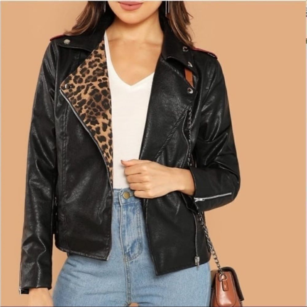 BCBGMAXAZRIA BCBG MAXAZRIA Black Leather Moto Jacket with Leopard Accent S